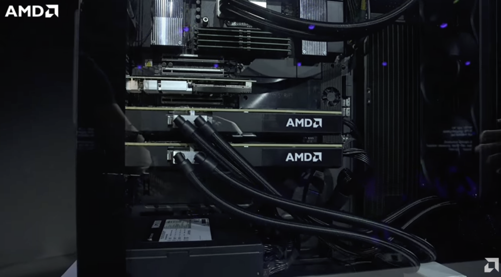 Inside the AMD Threadripper Halo Station: two liquid-cooled Instinct MI350P accelerators with braided coolant lines