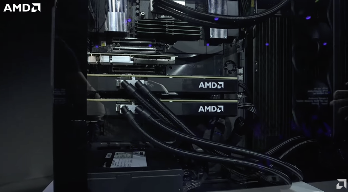 Inside the AMD Threadripper Halo Station: two liquid-cooled Instinct MI350P accelerators with braided coolant lines