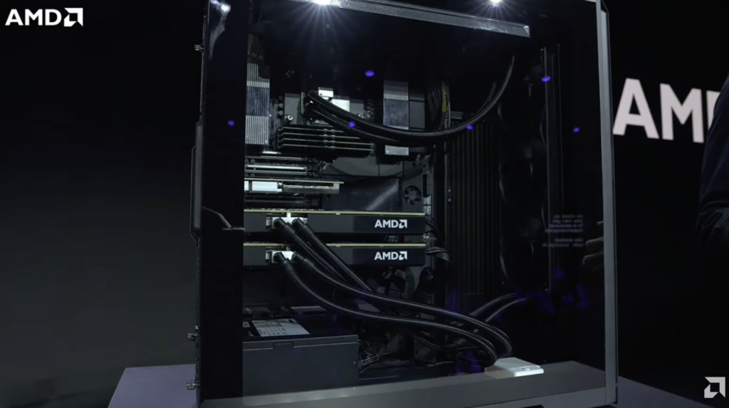 Full side view of the AMD Threadripper Halo Station show unit with liquid cooling routed to a rear radiator