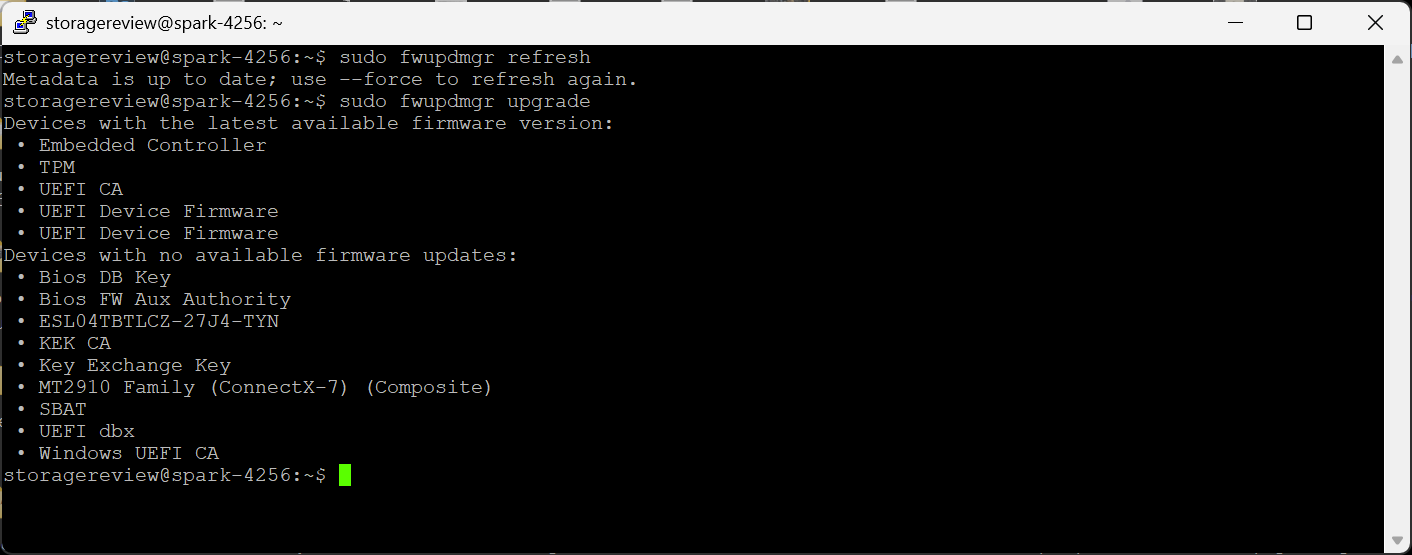 fwupdmgr output on a StorageReview DGX Spark after this week's firmware update, listing Windows UEFI CA among the Secure Boot devices