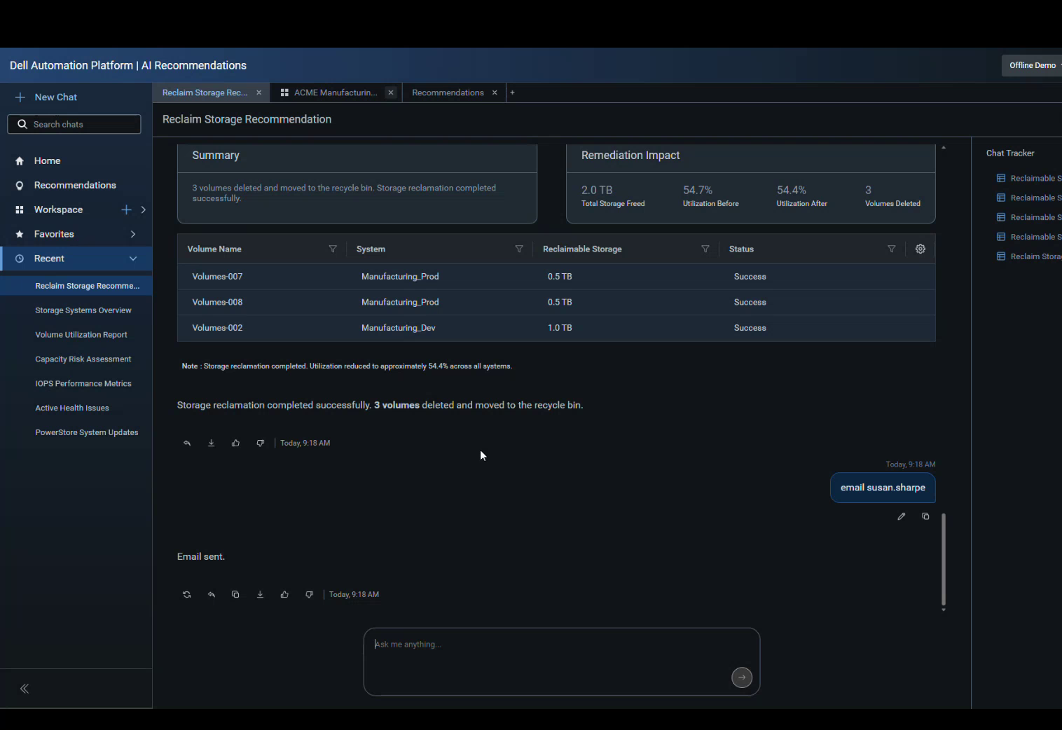 AI Recommendations reclaim storage summary in dark mode showing 2.0TB freed across three volumes with before and after utilization