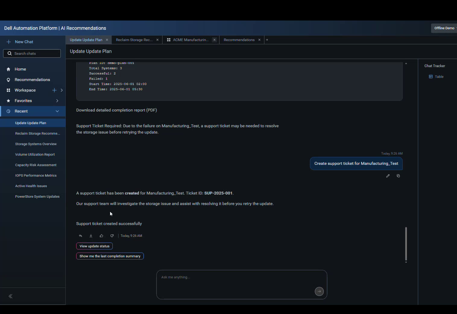 AI Recommendations update plan in dark mode with one failed system and a support ticket created from the chat