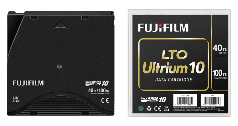 Fujifilm LTO Ultrium 10 data cartridge with 40TB native capacity, shown bare and in its case