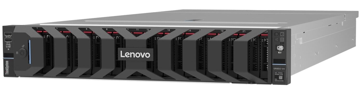 Lenovo представила сервер ThinkAgile VX850 V4 для работы с виртуализацией Фронтальный вид сервера Lenovo ThinkSystem SR850 V4 высотой 2U с защитной панелью и 24 отсеками для горячей замены дисков