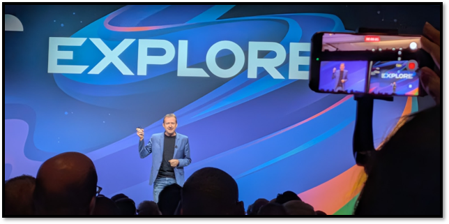 Keynote presenter on the VMware Explore 2026 stage during the VCF AI Assistant and ESXi live patching demo