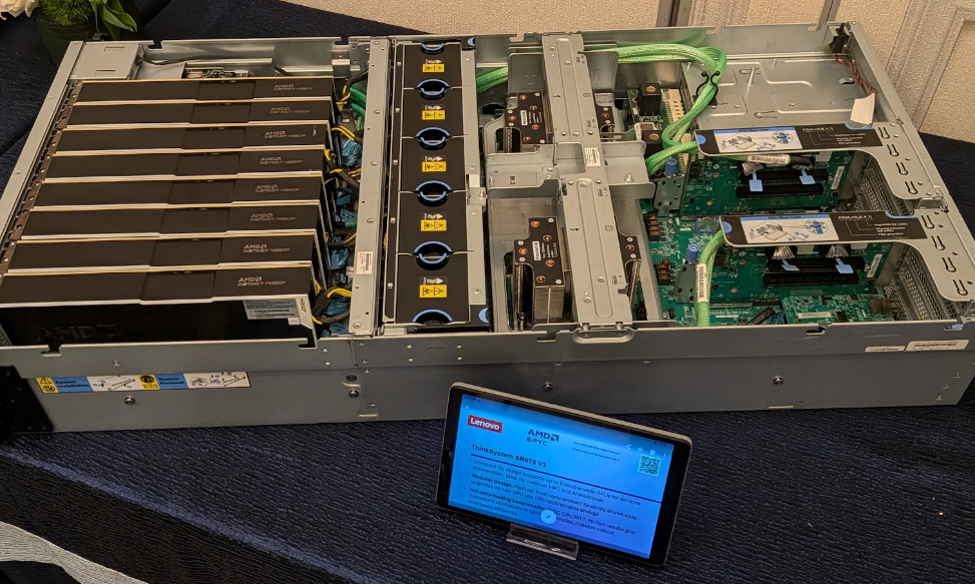 Open Lenovo server chassis showing GPU bays and internal cabling at VMware Explore 2026