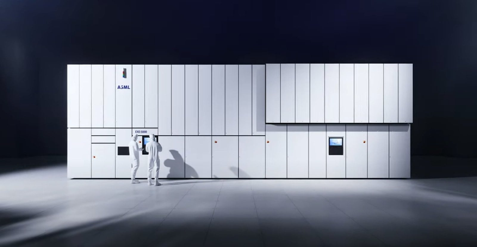 ASML TWINSCAN EXE:5000 High NA EUV lithography system with two technicians at the front panel