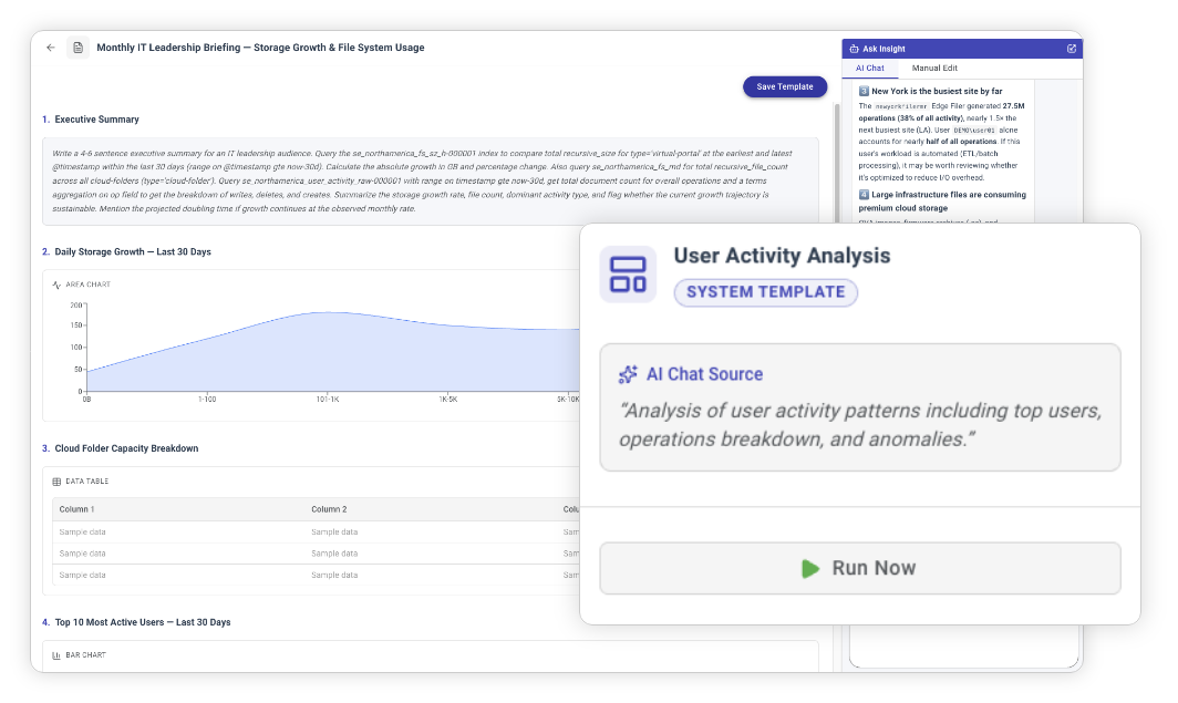 CTERA InsightAI report builder showing a monthly IT leadership briefing on storage growth and file system usage, a User Activity Analysis system template card, and an Ask Insight chat panel, CTERA product screenshot