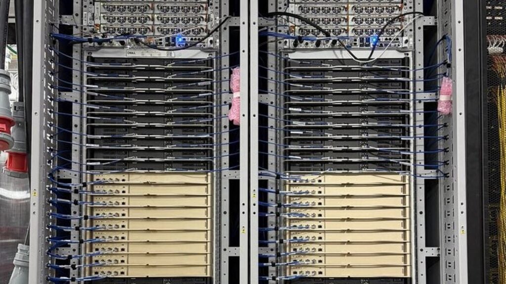 Two Dell-built NVIDIA Vera Rubin NVL72 racks in a CoreWeave data center, cropped to the compute and NVLink switch trays, photo courtesy of CoreWeave