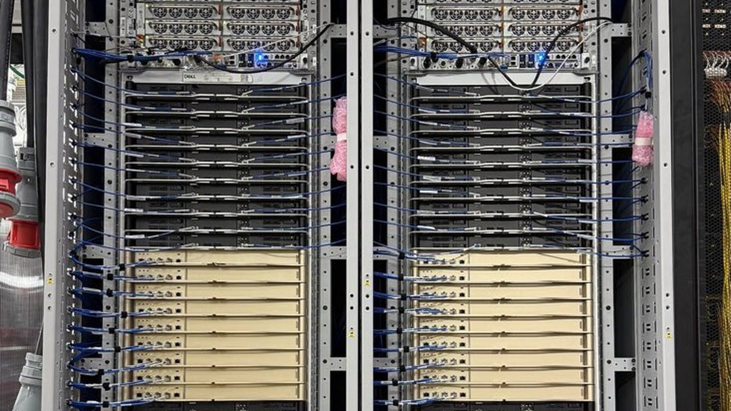 Two Dell-built NVIDIA Vera Rubin NVL72 racks in a CoreWeave data center, cropped to the compute and NVLink switch trays, photo courtesy of CoreWeave