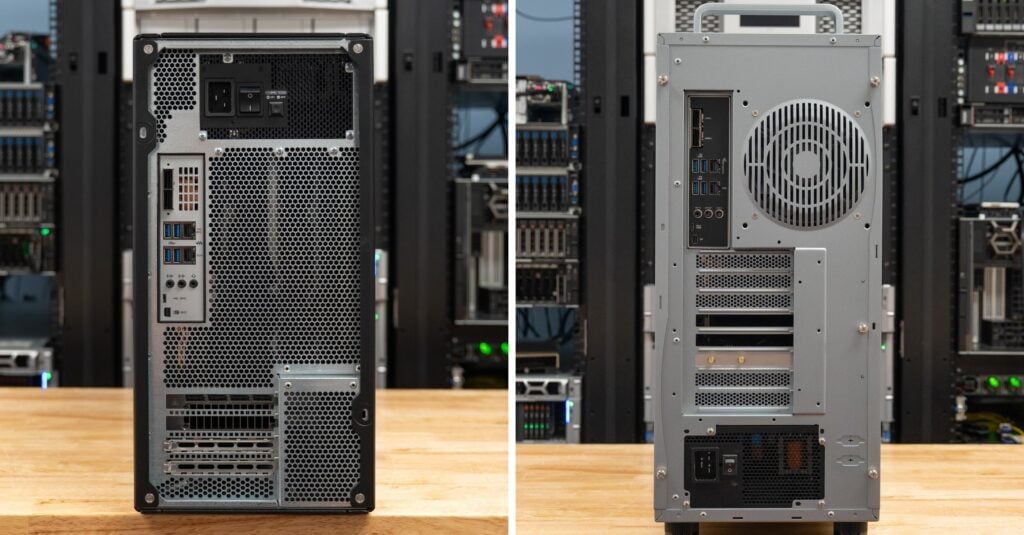 Rear panels of the HP ZGX Fury AI Station and ASUS ExpertCenter Pro ET900N G3 side by side, each showing the two QSFP112 ConnectX-8 ports used to cluster the two DGX Station GB300 towers