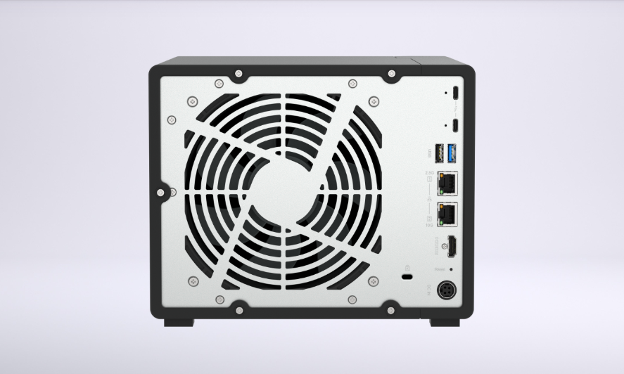 QNAP TS-h966TX rear view with a 140mm fan grille and, on the right, two Thunderbolt 4 USB-C ports, a USB-A port, 2.5GbE and 10GbE RJ45 ports, HDMI, and the DC power input, QNAP product render