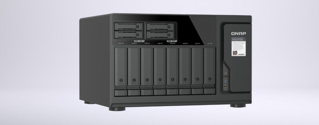 Front view of the 12-bay QNAP TVS-h1277AX with eight SATA bays and four U.2 NVMe slots