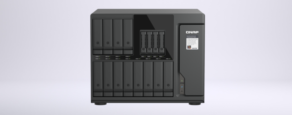 Front view of the 16-bay QNAP TVS-h1677AX with twelve 3.5-inch SATA bays and four U.2 NVMe slots