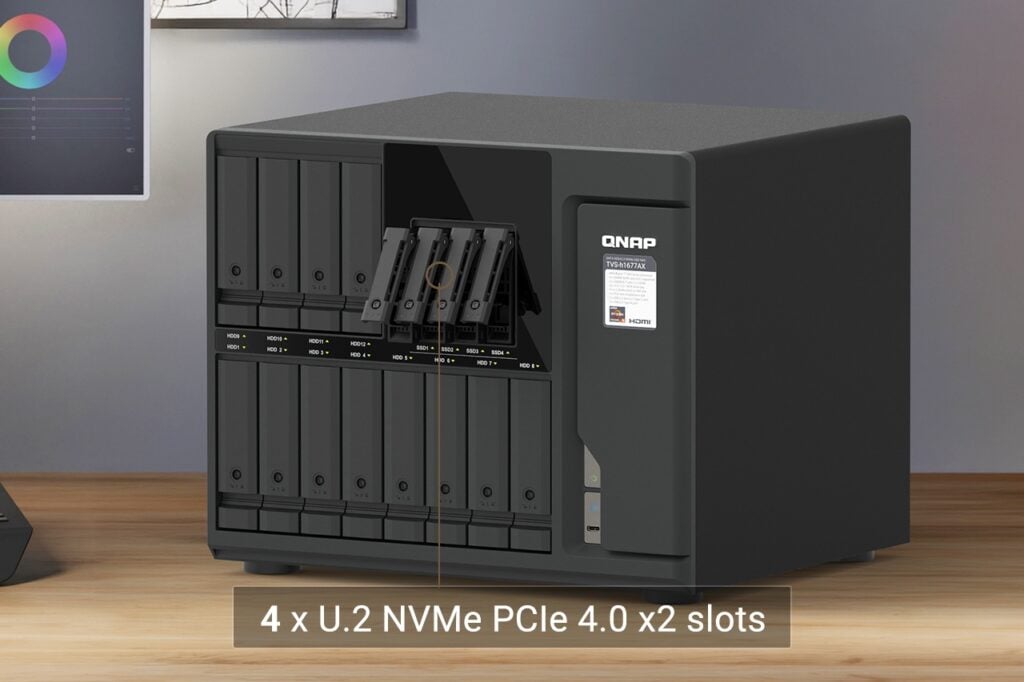 QNAP TVS-hx77AX series flagship TVS-h1677AX on a desk with its four U.2 NVMe PCIe 4.0 x2 slots highlighted above the SATA bays