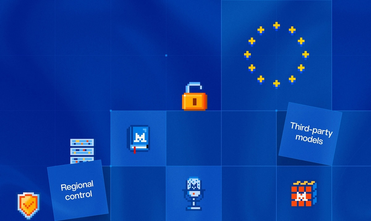 Mistral AI graphic with icons for regional control, third-party models, and data security on a blue grid