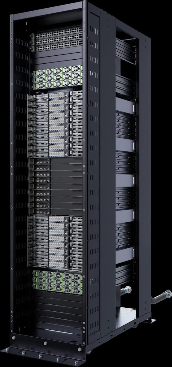 Giga Computing GAIFA rack-scale build: a GIGABYTE GIGAPOD rack fully populated with liquid-cooled GPU servers, vendor render