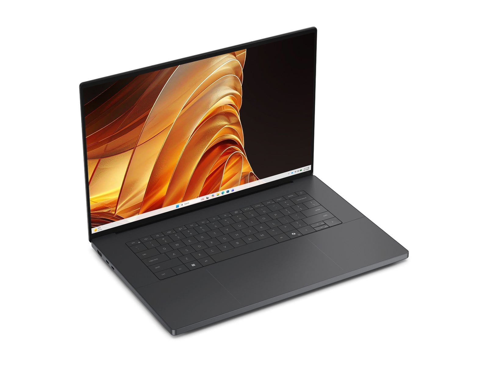 戴尔 XPS 16 Creator Edition 以一定角度打开，露出 16 英寸双 OLED 显示屏和零网格键盘。