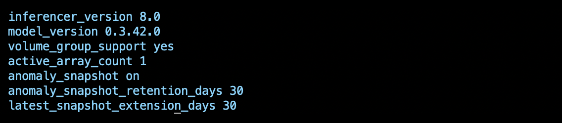 IBM FlashSystem lsanomalydetection CLI output from the ransomware detection validation: inferencer_version 8.0, model_version 0.3.42.0, anomaly_snapshot on, anomaly_snapshot_retention_days 30, and latest_snapshot_extension_days 30