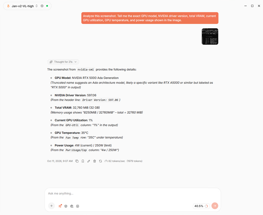Jan V2 VL High in Jan v0.8.6 identifying the GPU model, driver 597.06, 32,760 MiB of VRAM, utilization, temperature, and power from an nvidia-smi screenshot after 21 seconds of reasoning