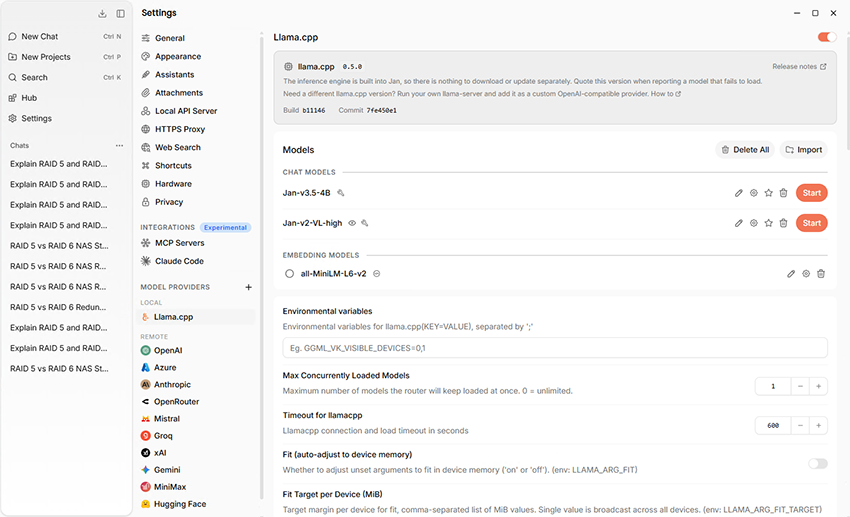 Jan v0.8.6 llama.cpp settings