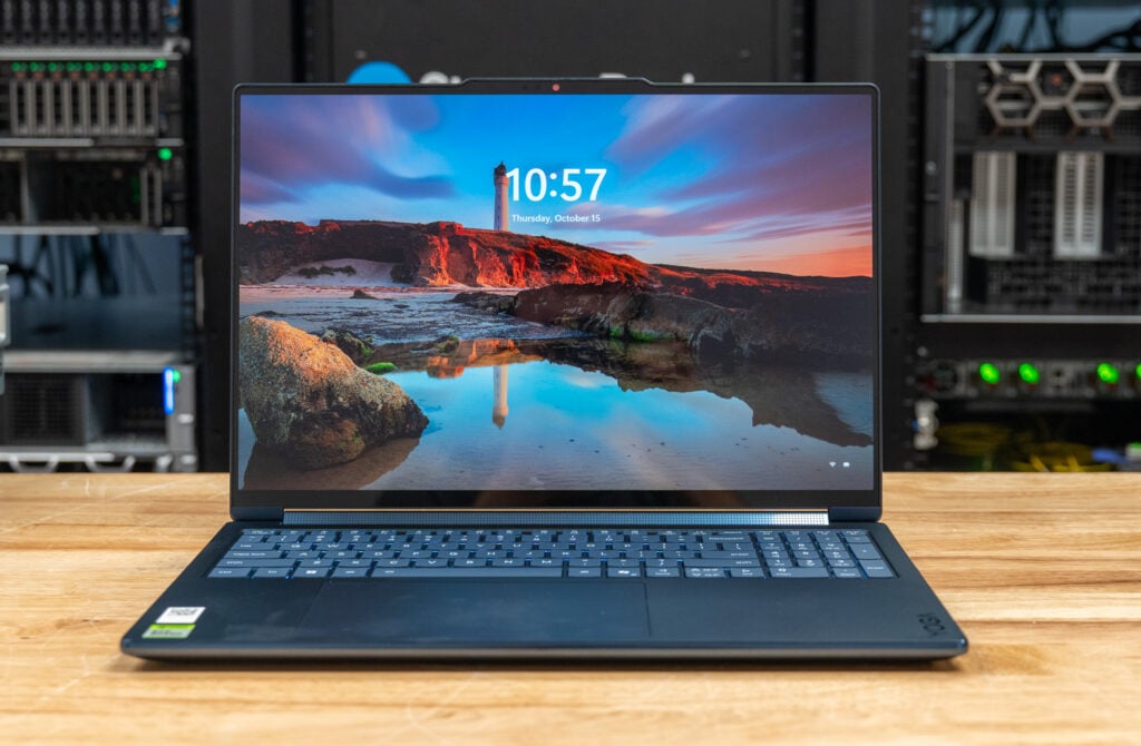 Lenovo Yoga 9n 2-in-1 16 open on the StorageReview lab bench with the display on
