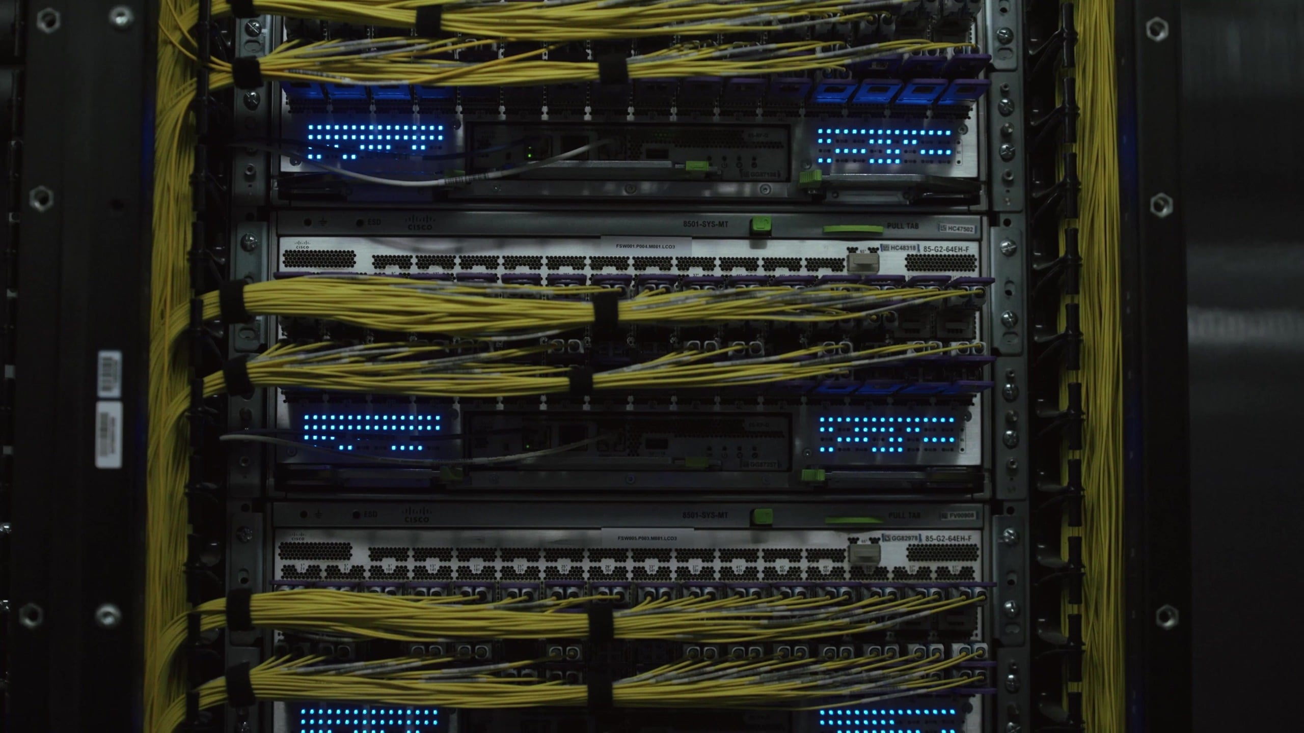 Ethernet fabric switches in a Meta Prometheus network rack with fiber bundles to each port