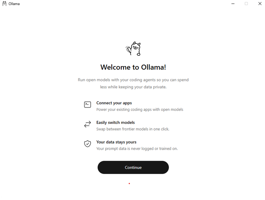 Ollama 0.40.11 환영 화면은 Windows에서 로컬 AI 모델, 앱 통합 및 개인 정보 보호 기능을 소개합니다.