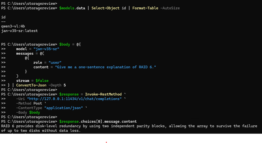 PowerShell 창에 Ollama의 로컬 API에 대한 성공적인 요청이 표시됩니다. 여기에는 설치된 모델 목록과 RAID 6 응답이 포함됩니다.