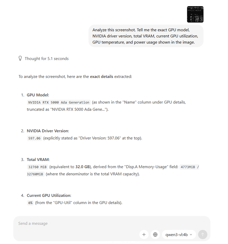 Ollama Qwen3-VL 4B가 NVIDIA GPU 진단 스크린샷을 분석하여 그래픽 카드, 드라이버, 메모리, 온도 및 전력 측정값을 식별하고 있습니다.