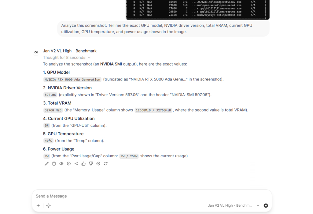 Jan V2 VL High correctly identified the requested GPU, driver, VRAM, utilization, temperature, and power values from the nvidia-smi screenshot.