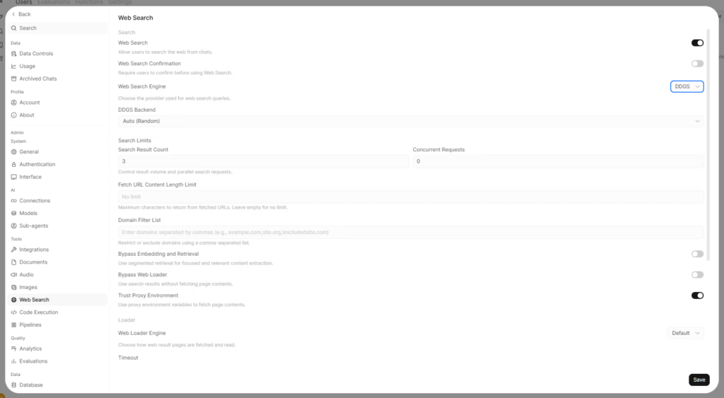 Open WebUI DDGS Web Search settings