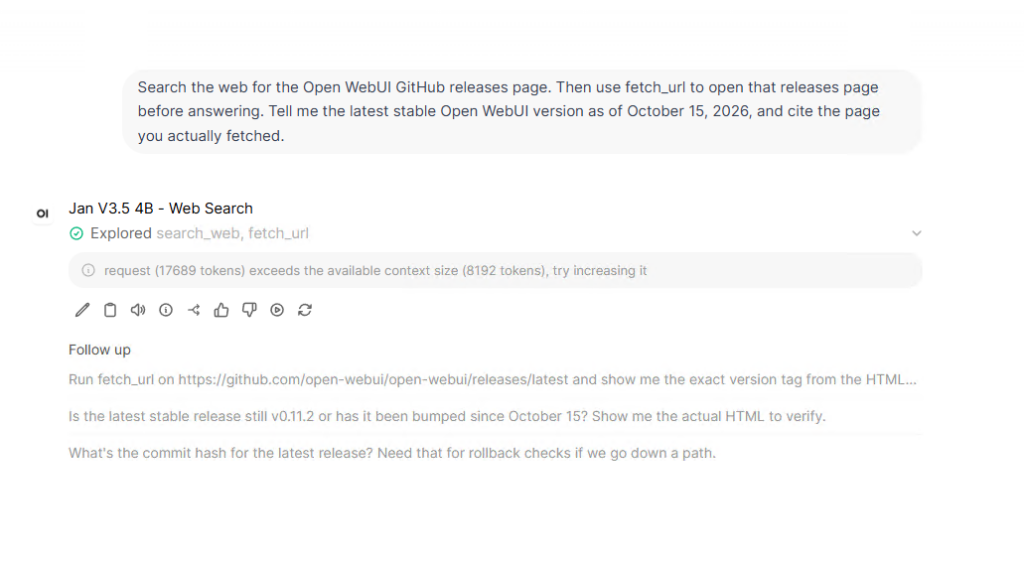The first fetch_url attempt grew to 17,689 tokens and exceeded our 8,192-token context window.