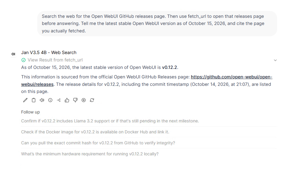After limiting fetched URL content, the model correctly reported Open WebUI v0.12.2 from the GitHub releases page.