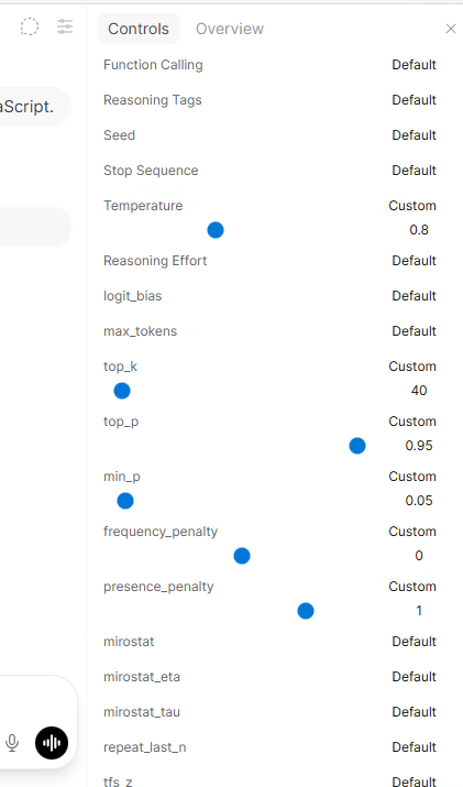 We matched the Jan sampling values in Open WebUI before each measured text run.