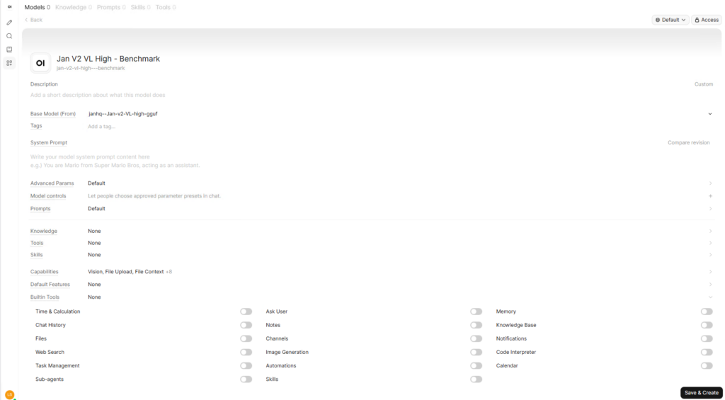 A dedicated Workspace preset let us disable built-in tools while keeping the underlying GGUF unchanged.