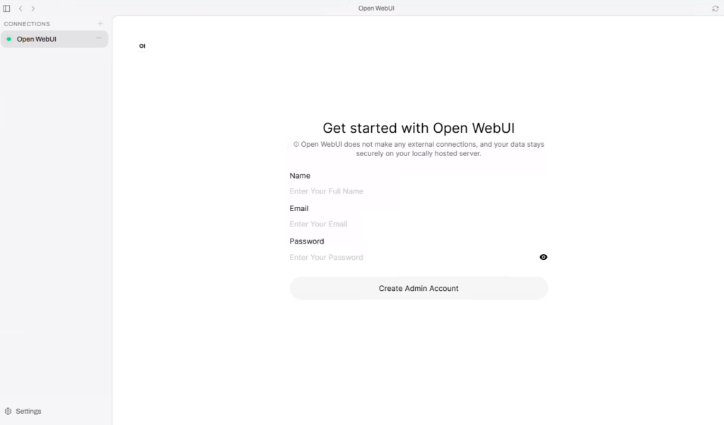 Open WebUI Desktop Get started screen asking for a name, email, and password to create the first local admin account