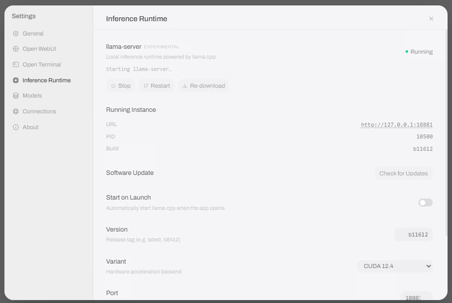 Open WebUI Desktop Inference Runtime page showing llama-server running build b11612 with the CUDA 12.4 variant on port 18881