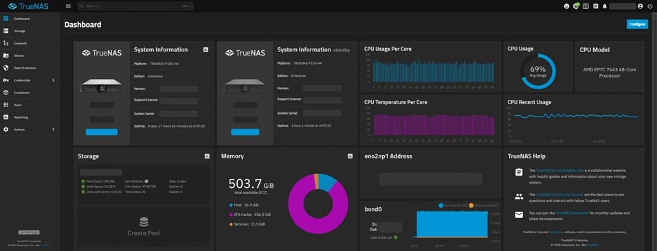 TrueNAS 27 RC.1: выпуск с поддержкой OpenZFS 2.4 и встроенным S3-интерфейсом Панель управления TrueNAS 27 на системе Enterprise F100-HA