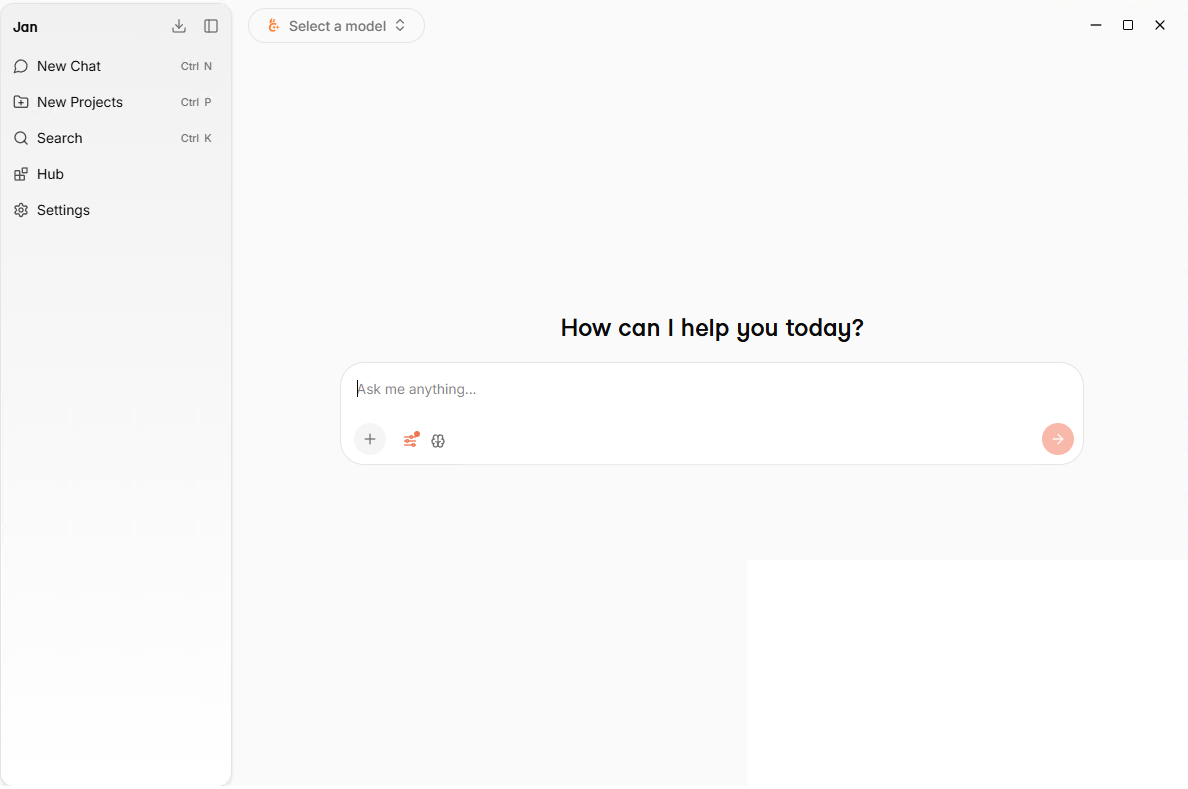 Jan first launch on Windows showing the empty chat window with the model selector, Hub, and Settings in the sidebar
