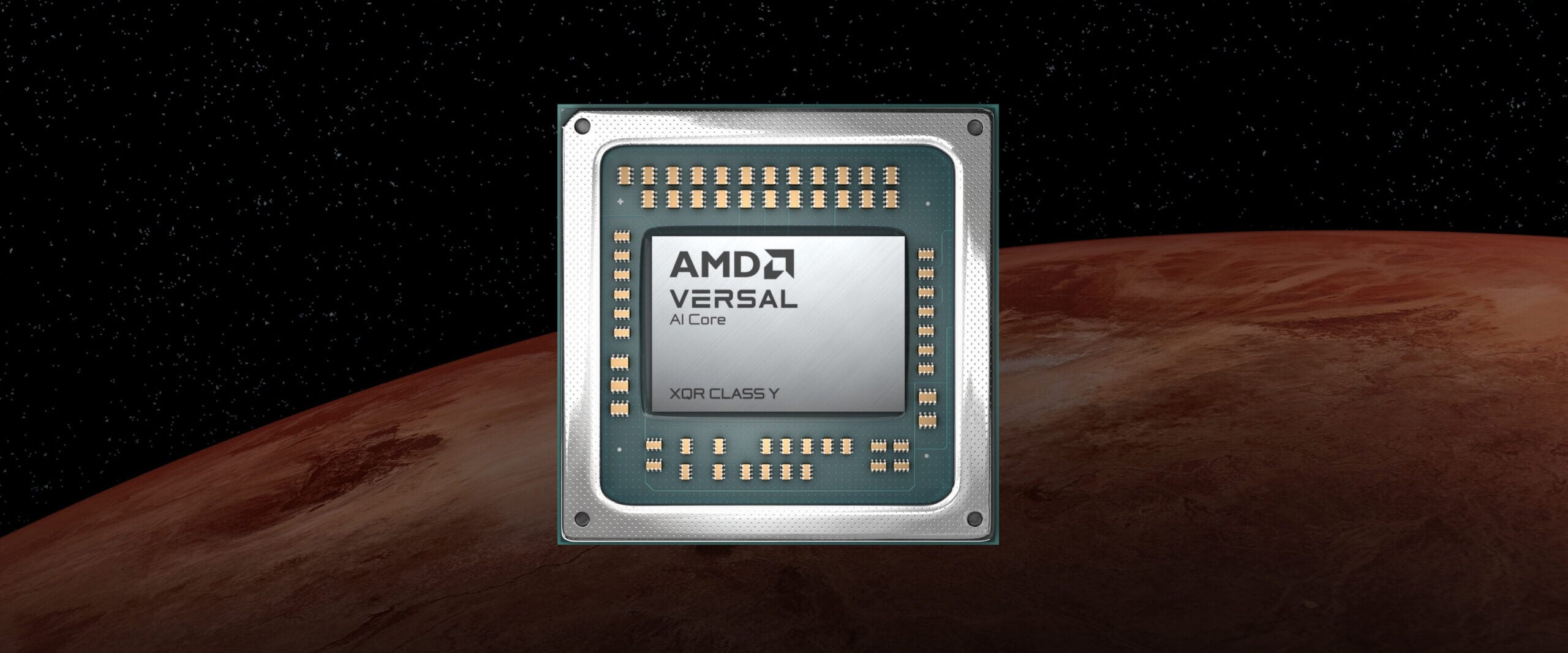 AMD render of the Versal AI Core XQRVC1902 in its lidless XQR Class Y package, exposed die and surface-mount capacitors visible, against Mars and a starfield