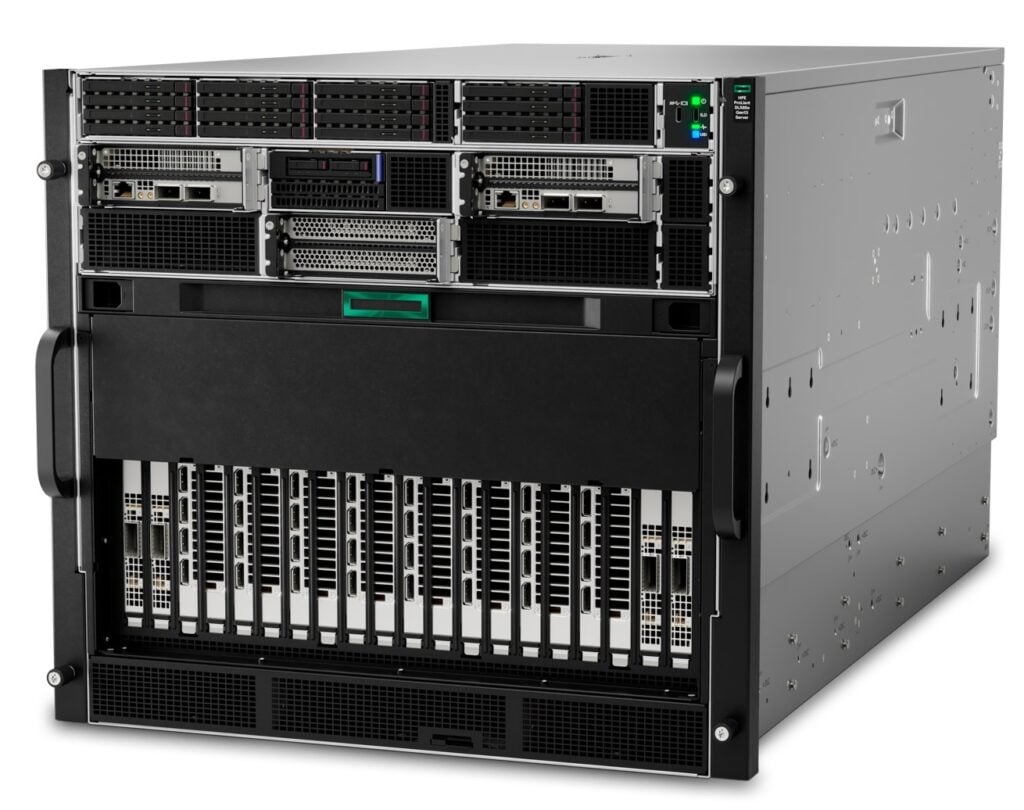 HPE ProLiant DL585a Gen13 front view render showing the 10U chassis with the drive and I/O tray above a row of double-wide GPU slots