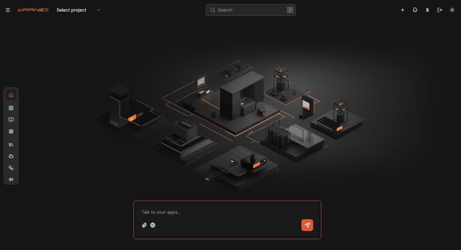 Airrived Agentic OS home screen with an isometric map of agent modules and a Talk to your apps prompt