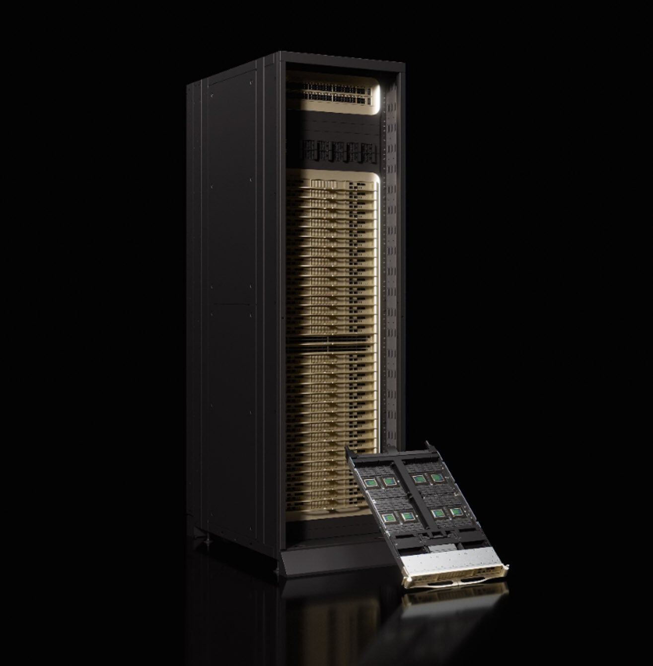 NVIDIA render of a Vera CPU rack with a compute tray pulled out in front, showing the processor sockets on the tray